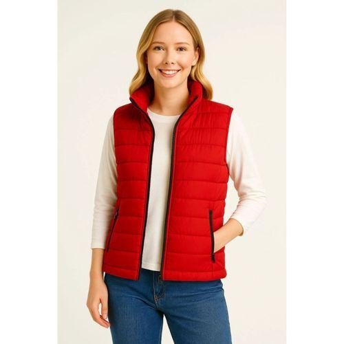 Şişme Fermuarlı Yelek Su Itici Kapitone Astarlı Kumaş Cepli Hafif Kışlık Spor Rahat Kalıp - Kırmızı