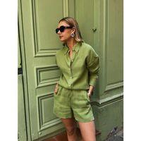 Kadın Uzun Kollu Salaş Gömlek Ve şort Keten Ikili Takım