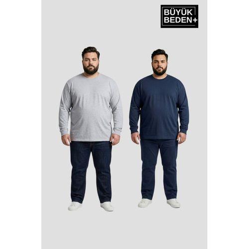 Erkek Büyük Beden 2 li Set Uzun Kollu 2 İplik Bisiklet Yaka Tişört SPR26BEA942+2