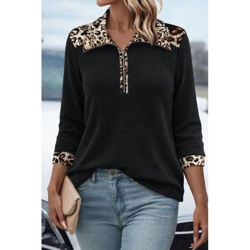 Kadın Uzun Kollu Leopar Yakalı Fermuarlı Waffle Bluz