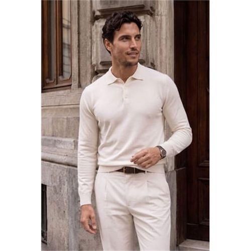 Portofino Premium Düğmeli Polo Yaka İnce Erkek Triko Kazak - Kırık Beyaz