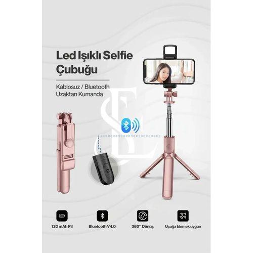 Led Işıklı Selfie Çubuğu Bluetooth Kumandalı Kablosuz Tripot Selfie Monopod Selfie Stick  pembe