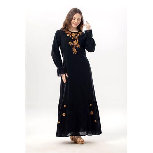 Uzun Kol Aysu Nakışlı Bisiklet Yaka Şile Bezi Yazlık Uzun Elbise Siyah Syh