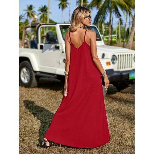 Kadın Askılı V Yakalı Etnik şerit Detaylı Uzun Viskon Elbise