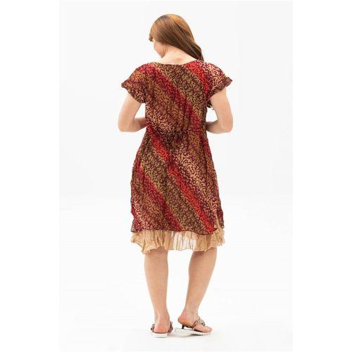 Kısa Kol Vual Defne Midi Boy Yazlık Otantik Elbise Kırmızı Kırçıllı 6066