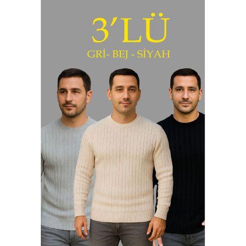 Erkek Fitilli Triko Kazak 3lü Set Bej Gri Siyah Regular Fit Bisiklet Yaka Triko Seti Kazak Modeli