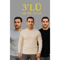 Erkek Fitilli Triko Kazak 3lü Set Bej Gri Siyah Regular Fit Bisiklet Yaka Triko Seti Kazak Modeli