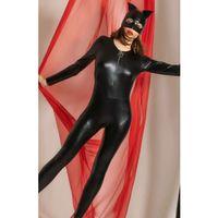 Deri Görünümlü Kedi Kadın Kostümü Fantazi Catsuit Seksi Kostüm-sexy Cosplay -kadın Siyah Tulum
