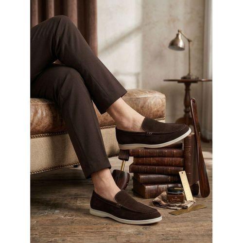BA0252 %100 İçi Dışı Hakiki Deri Erkek Kahverengi Süet Casual Loafer Termo Taban Ayakkabı