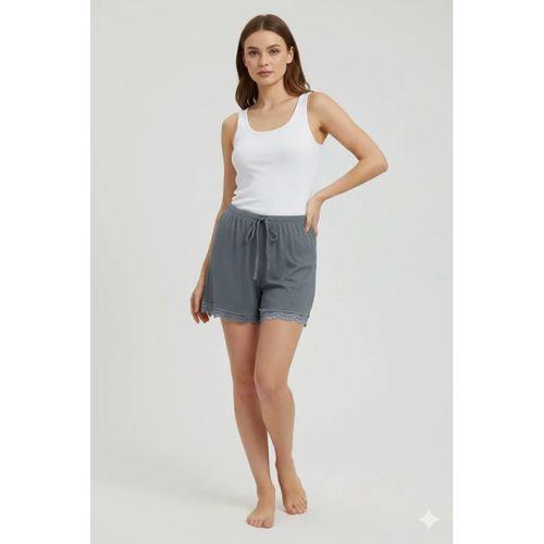 Bambu Fitilli Kadın Ev Şortu Bacak Dantel Detaylı Ev Giyim Gri