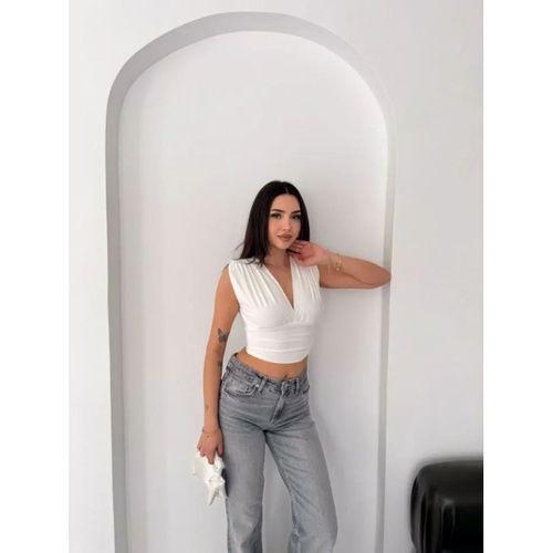 Vatkalı Kolsuz V Yaka Drapeli Crop Bluz Likralı Fit - Beyaz