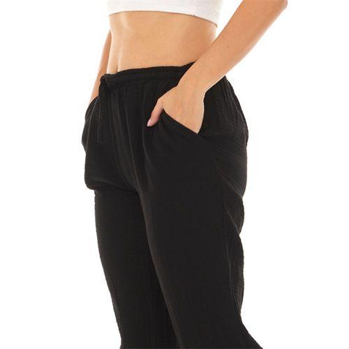 Müslin Siyah Beli Bağcıklı Cepli Kadın Yazlık Pantolon