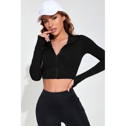 Kadın Siyah Dik Yaka Fermuarlı Uzun Kollu Parmak Geçmeli Crop Top Spor Bluz
