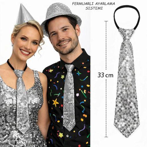 Gümüş Renk Pul Payetli Işıltılı Parti Kravatı 33 Cm