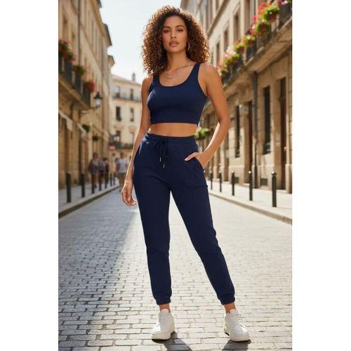 Kadın Laciver Premium Görünümlü Kaşkorse Cepli Jogger Eşofman Altı Ve Crop Top Bluz Takımı