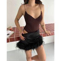 Derin Dekolte Askılı Body Sırt Dekolteli Şık Kolsuz Yazlık Bodysuit - Kahverengi