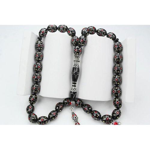 Kule Model Gümüş İşlemeli Oltu Sıkması Tespih