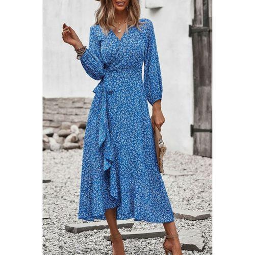 Kadın Uzun Kollu Kruvaze Yaka Yandan Bağlamalı önden Fırfır Detaylı Süprem Uzun Elbise