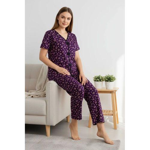 Kadın Mor Kalp Desenli Fiyonk Detaylı Kısa Kollu Uzun Pijama Takımı Premium Ev Giyim