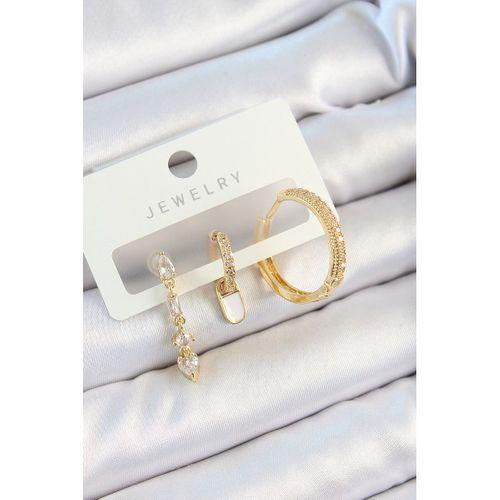 Pirinç Zirkon Taşlı Sallantılı Model Gold Renk 3'lü Çift Kadın Küpe Set