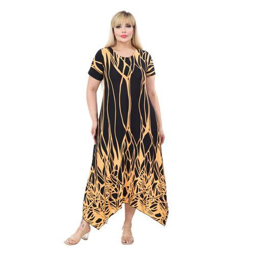 Melsay Butik Kısa Kollu Asimetrik Kesim Sarı Dalgalı Reflektör Desen Büyük Beden Elbise