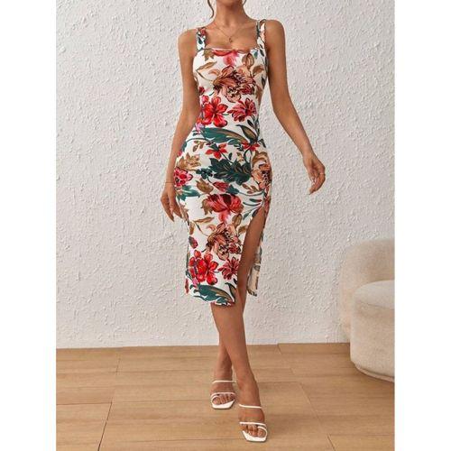 Kadın Askılı Kare Yakalı Yırtmaçlı çiçek Desenli Dalgıç Elbise