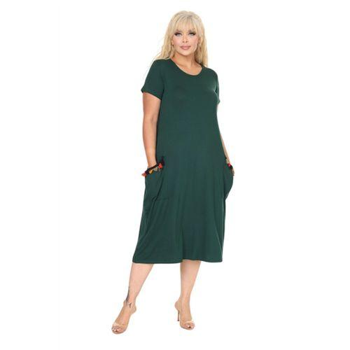 Melsay Butik Zümrüt Püsküllü Cepli Kısa Kollu Midi Elbise