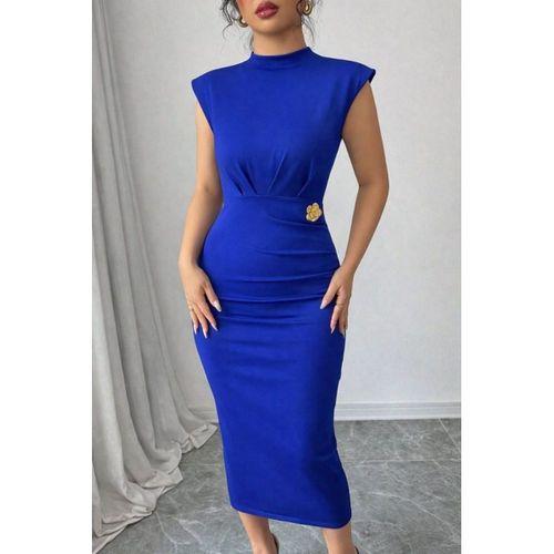 Kadın Yarı Balıkçı Yaka Kısa Kollu çicek Aksesuar Detaylı Midi Dalgıç Elbise