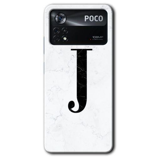 Poco x4 Pro Kılıf HD Desen Baskılı Arka Kapak + Temperli Cam - Beyaz Mermer Desenli J Harfi