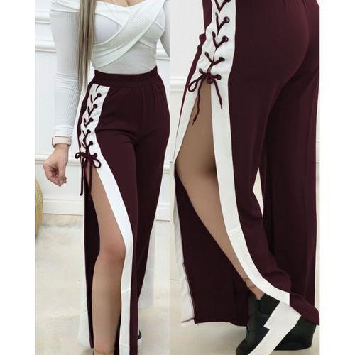 Kadın Yüksek Bel Yandan çapraz Bağcıklı Yırtmaçlı Viskon Iki Iplik Pantolon