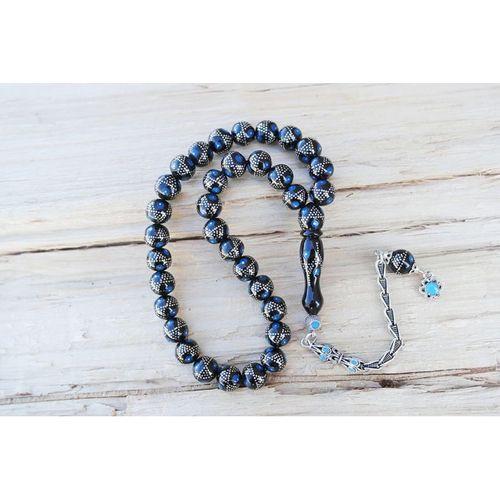 Oltu Taşı Küre Fiyonk Mavi İşlemeli Tespih