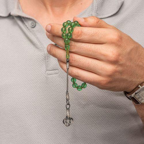 Gümüş Kazaz Püsküllü Yeşil Sıkma Kehribar Tesbih