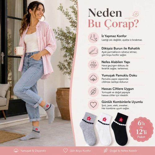 Kadın Çiçek Desenli Kısa Konç Çorap 6'lı | %80 Pamuklu Dikişsiz, Siyah Beyaz Gri