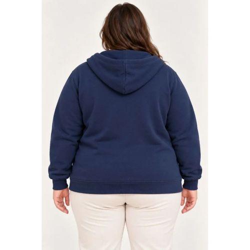 Battal Büyük Beden Üç İplik İçi Şardonlu Kapüşonlu Tam Fermuarlı Kışlık Sweatshirt - Lacivert