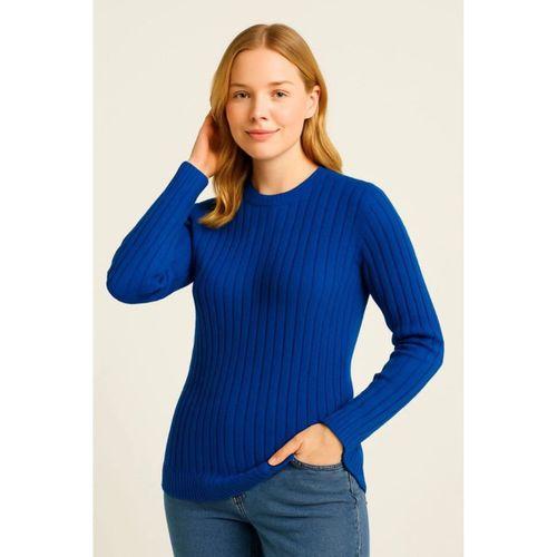 Bisiklet Yuvarlak Yaka Triko Kazak Pamuklu Kalın Fitilli Dokuma, Regular Fit Uzun Kollu Kışlık Model - Saks Mavisi