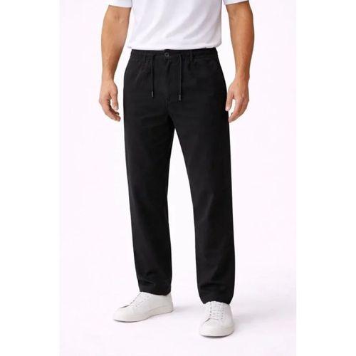 Erkek Keten Cepli Pantolon Lastikli Bel Bağcıklı Önden Fermuarlı - Siyah