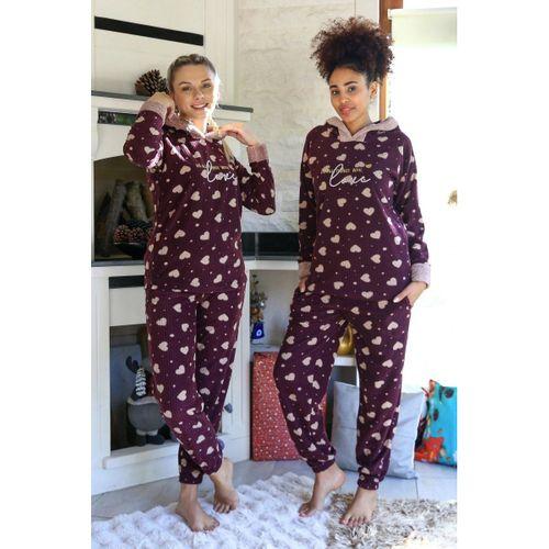 Polar Kadın Kapşonlu Pijama Takımı Bordo