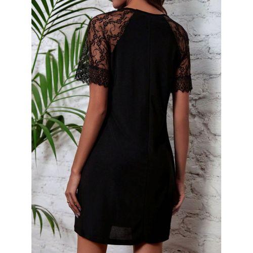 Kadın Dantelli Kısa Kollu Damla Yaka Krep Elbise