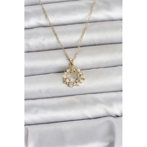 316L Çelik Zincir Gold Renk İncili Çiçek Model Kadın Koyle