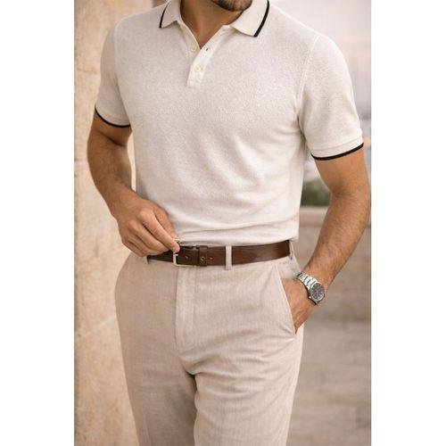 Balzac Yakası Şeritli Düğmeli Polo Yaka Basic Günlük Petek Örgü Triko Erkek T-Shirt - Ekru