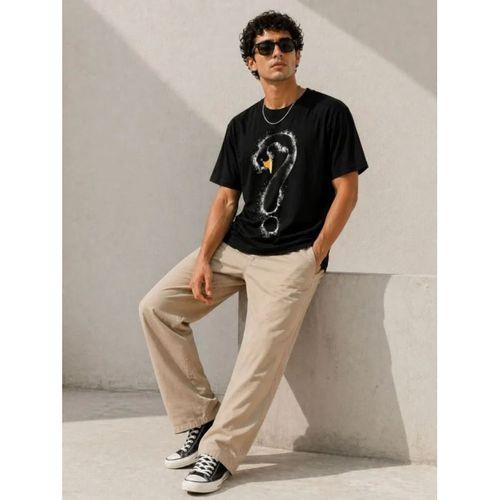 Erkek Kuğu Figürlü Soru İşareti Baskılı Tişört Kısa Kol T-Shirt - Siyah
