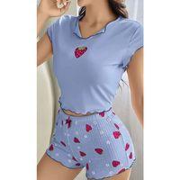 Mavi Önü Çilek Detaylı Şortlu Gecelik Takımı