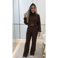 Kadın Uzun Kollu Balıkçı Yaka Kısa Triko Bluz Ve Pantolon Ikili Takım