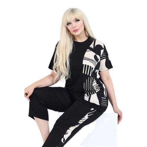 Melsay Butik Siyah Kısa Kol Yarım Barok Desen Viskon Kapri Takım
