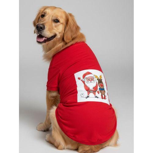 Noel Baba ve Geyik Baskılı Kırmızı Pamuklu Yılbaşı Köpek Tişörtü | Orta ve Büyük Irklar İçin