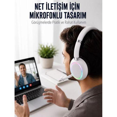 Bluetooth 5.0 Beyaz Kulak Üstü Kablosuz Kulaklık Mikrofonlu Rgb Aydınlatmalı