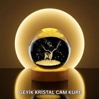 Doğal Ahşap Standlı Geyik Figürlü Kristal Küre Led Dekoratif Lamba
