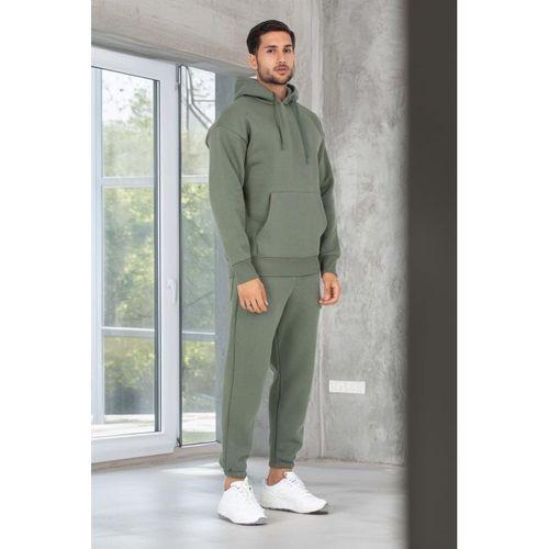 Şardonlu Kanguru Cepli Sweatshirt - 3 İplik Şardonlu Lastik Paça Erkek Eşofman Altı- Eşofman Takımı - Avcı Yeşili