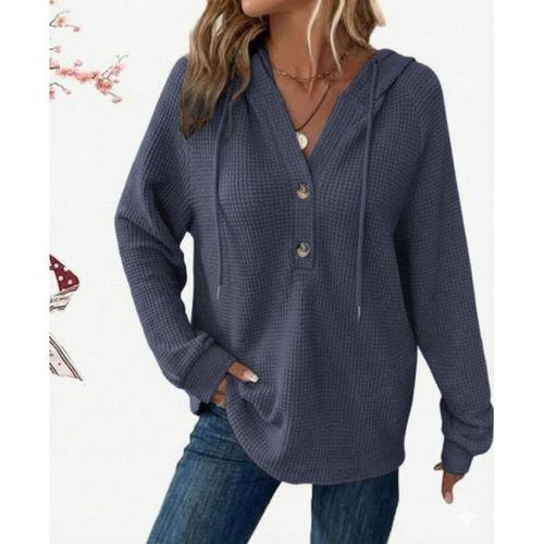 Kadın Uzun Kollu Kapşonlu önü Düğmeli Ve Bağcıklı Waffle Bluz