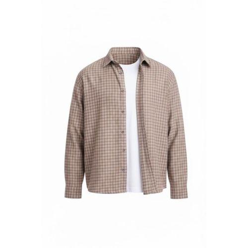 Alfonso Ekose Büyük Kareli Relaxed Fit %100 Pamuklu Flanel Kumaş Erkek Gömlek - Bej